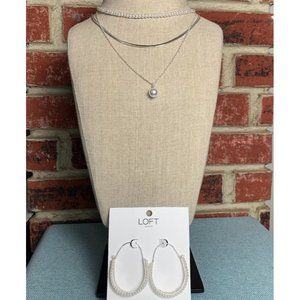 Loft Layered Silver and Pearl Necklace and Matching Earrings NWT